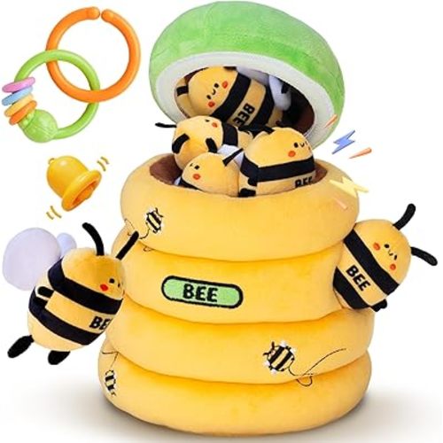 Baby Toys 6-12 Months – Soft Plush Beehive with 5 Sensory Bees, Crinkle Rattle Squeaker Mirror Montessori Toys for Baby 0-3 Years, Bonus Grab-and-Go Rattle, Toddler Boy Girl Birthday Gift