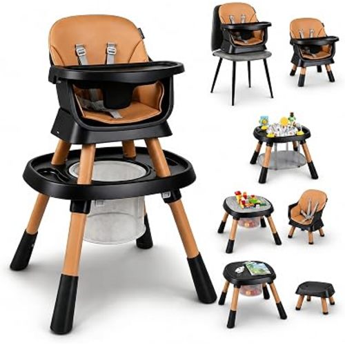 HONEY JOY 16-in-1 Baby High Chair, Convertible Highchair for Babies and Toddlers/Booster Seat/Activity Center with Toys, Building Block Table & Stool, Safety Harness, Removable Cushion & Tray (Coffee)