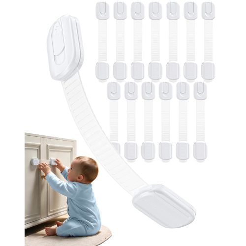 Niunuerga Cabinet Locks Baby Proofing - 14 Pack Child Safety Latches White | No drill 3M adhesive, Easy to install No damage, Adjustable length, Material safety, Suitable for drawers, fridge, cupboards