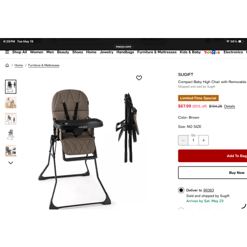 SUGIFT
Compact Baby High Chair with Removable Tray and PU Cushion
Shipped and sold by Sugift