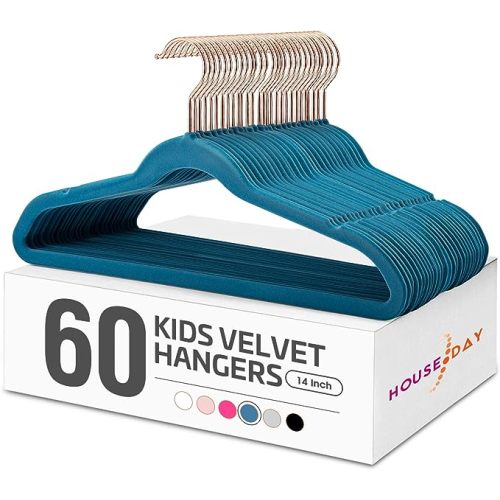 HOUSE DAY Velvet Kids Hangers 60 Pack, Premium Childrens Hangers for Closet, Ultra Thin Cute Clothes Hanger, Non Slip Small Felt Hanger 14 Inch for Kids Clothes, Light Blue