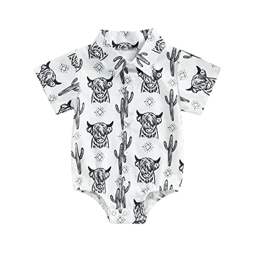Karuedoo Western Baby Boy Clothes Cow Print Shirt Romper Infant Short Sleeve Button Down Bodysuit One Piece Gentleman Outfit