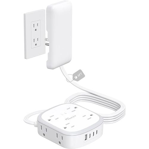 Outlet Cover Extension Cord Flat 6ft, NUTICT Flat Plug Power Strip with 8 Outlets & 3 USB-C & 1 USB-A Port, 13A/1625W, 1440J Surge Protector, Indoor 3 Prong Flat Wall Plug for Tight Spaces, White
