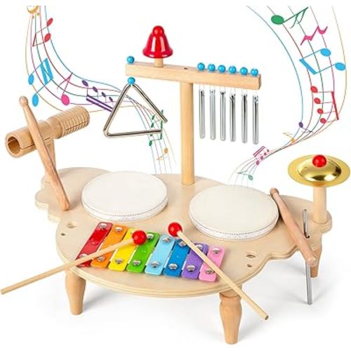 Baby Drum Set for Toddlers 1-3, Wooden Musical Percussion Instruments with Xylophone, Kids Drumset Educational Montessori Music Toys Birthday Gift for Boys Girls