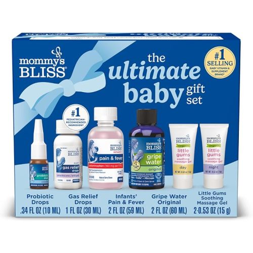 Mommy’s Bliss Ultimate Baby Gift Set | Gripe Water, Probiotic Drops, Pain & Fever Medicine, Gas Relief Drops, and Gum Massage Gel