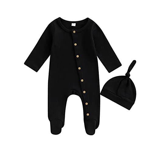 Xiaodriceee Newborn Infant Baby Boy Girl Fall Winter Clothes Long Sleeve Button Waffle Knit Footed Romper Hat 2Pcs Outfit