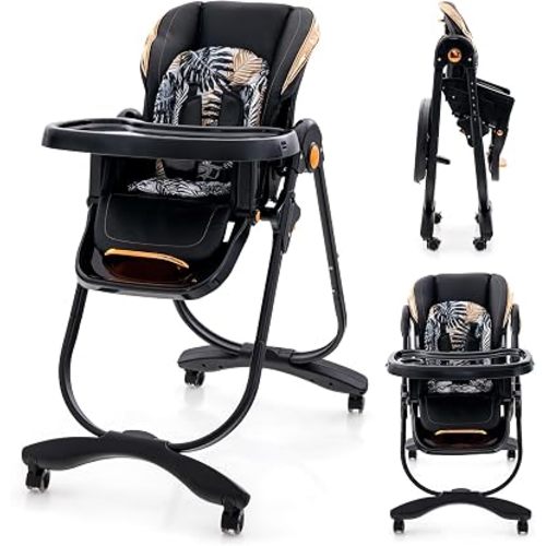 HONEY JOY Baby High Chair, Foldable High Chairs for Babies and Toddlers, Adjustable Heights, Recline Backrest & Footrest, Double-Layer Tray & Cushion, Portable Infant Highchair with Wheels (Black)