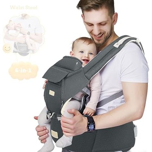 FRUITEAM Porte-bébé 6 en 1 avec tabouret/siège de hanche pour l'allaitement, taille unique, s'adapte aux nouveau-nés, nourrissons et tout-petits (gris foncé)