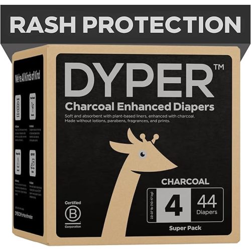 DYPER - Charcoal Enhanced Day & Overnight Disposable Baby Diapers - Made with Plant-Based* & Honest Ingredients, Hypoallergenic for Sensitive Skin - Size 4, (44 Count)