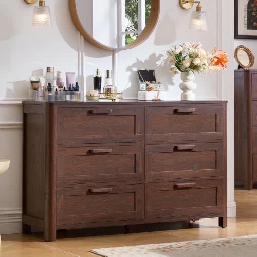 Joaxswe Farmhouse 6 Drawer Dresser for Bedroom, Horizontal Dressers with 6 Deep Drawers & 4 Thickened Table Legs & Round Table Corner, Walnut