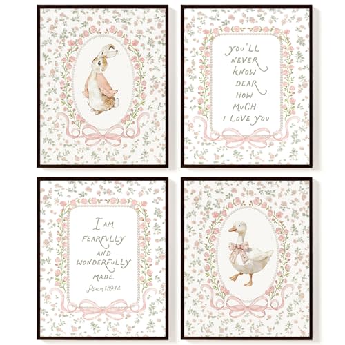 SkyCozy Baby Girl Nursery Wall Art Set of 4, Pink Christian Nursery Decor | Vintage Grandmillennial Bunny Goose Poster & Prints, Cottagecore Floral Wall Art for Girls Room Kids Bedroom, 8x10 Unframed