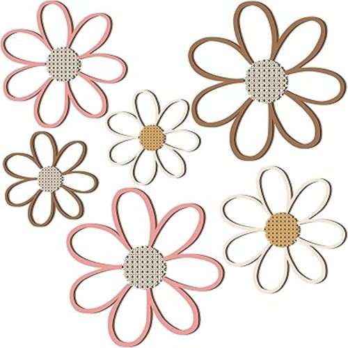 Thyle 6 Pcs Daisy Wall Decor Wooden Daisy Wall Art Flowers Signs Hanging Plaque for Home Nursery Bedroom Farmhouse Bathroom Decorations Housewarming Gifts (Warm Color)