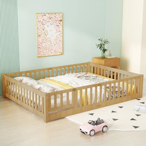 Bellemave Queen Montessori Floor Bed Frame with Slats,Natural | Solid Wood Floor Bed with Door and Fence for Kids Girls Boys, Easy Assembly,No Spring Box Required,Safety Guardrails