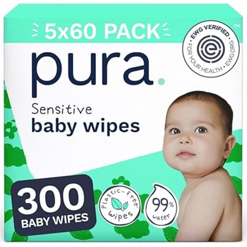 Pura Baby Wipes Unscented (300 Count) 99% Water Based, Wet Diaper Wipes, Extra Soft, Sensitive & Hypoallergenic For Newborn, Babies, Toddlers & Eczema-Prone Skin, Fragrance & Plastic-Free