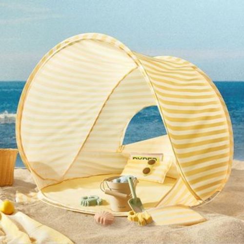 Tiny Land® Baby Beach Tent with Sand Toys, Pop Up UV Sun Shelter for Kids, Baby Summer Outdoor - Pastel Yellow Stripes
