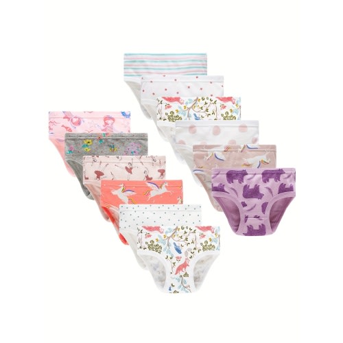 4-5 12pcs Girls' Cotton Briefs - Breathable & Comfy with Cute Animal Prints Including Mermaids, Unicorns, Foxes, Stars, Stripes & Teddy Bears