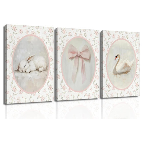 August Grove® 3Pcs Pink Vintage Nursery Canvas Wall Art Cute Animal Rabbit Swan Bow Flower Posters Prints Baby Room Picture Wall Decor For Room Bedroom Decorations Ready To Hang | Wayfair