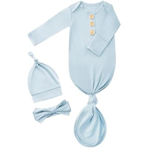 Newborn Knotted Gown Set, Soft Breathable Baby Sleep Gown with Hat & Headband for Boys Girls