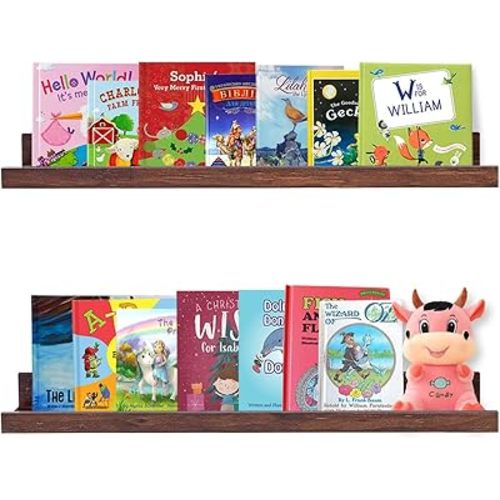 AZSKY Floating Book Shelves Wall Mounted Photo Shelf Picture Ledge Deep Walnut Display Shelves for Home Living Room Bedroom Bathroom Office Set of 2