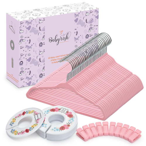 Velvet Baby Hangers 30 Pack with 8 Clothing Dividers and 10 Hanger Clips, Ultra Thin Nonslip Nursery Organizer for Boys Girls Closet, Pink Kids Hangers