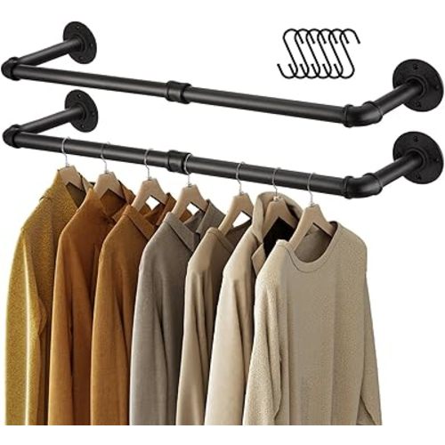 GREENSTELL Clothes Rack Wall Mounted, 36.2 Inch Industrial Pipe Clothing Rack, Space-Saving Closet Rod, Multi-Purpose Hanging Rod for Bedroom, Laundry Room, 2 Base (2 Pack)