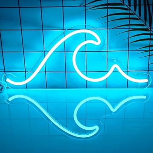 Ajoyferris Wave Neon Sign For Wall Decor Dimmable Led Neon Wave Sign Night Lights Led Wave Sign Ocean Neon Sign for Living Room Bedroom Office Bar Party Christmas Gift(16.5x7inch, Ice Blue)