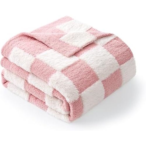 Snuggle Sac Pink Checkered Throw Blanket Faux Fur Microfiber Blankets for Couch,Cozy Soft Warm Blanket for Sofa Bedroom Living Room,Pink Checker,50x60 inches