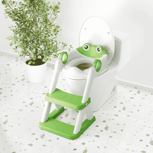 COOSEYA 2 in 1 Potty Training Toilet with Step Stool for Toddlers,Baby Seat with Splash Guard and Anti-Slip Pad (Frog/Green)