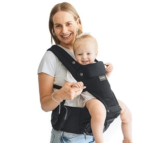 Momcozy Baby Carrier with Hip Seat, 2-in-1 Forward-Facing Carry for Long Walks, Detachable Hands-Free Infant Carrier up to 44lbs, All Seasons Toddler Carrier Fits Waist Sizes up to 45 Inches, Black