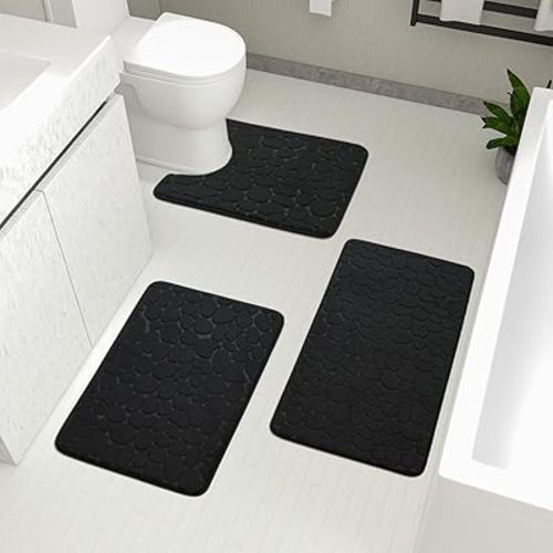 YIHOUSE Bathroom Rugs Mat Set 3 Piece Black, Memory Foam Bath Mats Sets, Non Slip Water Absorbent Washable Bath Rugs for Sink, Toilet and Floor