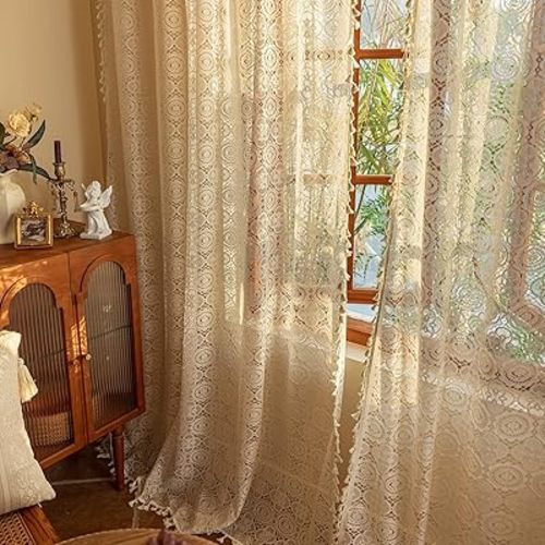 YJ YANJUN Boho Lace Curtains 84 inches Long 2 Panels-Vintage Floral Crochet Sheer Panels with Tassel for Living Room Bedroom Light Filtering Cottagecore Bohemian Farmhouse Drapes Beige W59 x L84
