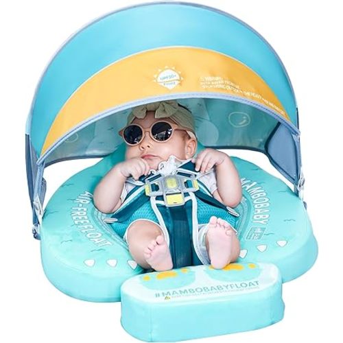 Mambobaby Float with Canopy UPF 50+ Sun Protection Add Tail Non-Inflatable Solid Baby Pool Swim Float Mambo Smart Swim Trainer Infant Float Swim Ring for Baby Aged 3-24 Months