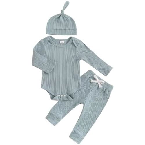 Newborn Baby Boy Girl Outfits Long Sleeve Striped Ribbed Knitted Romper Pants Hat 3Pcs Infant Fall Winter Clothes