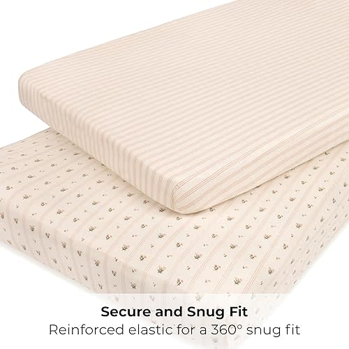 Ely's & Co. Pack and Play Sheets, for Mini/Portable Crib, 2 Pack Fitted Playpen Play Yard Sheet Set Compatible with Graco Pack n Play, for Baby Girls, 100% Cotton, 38”x24”x5” Pink Linear Floral