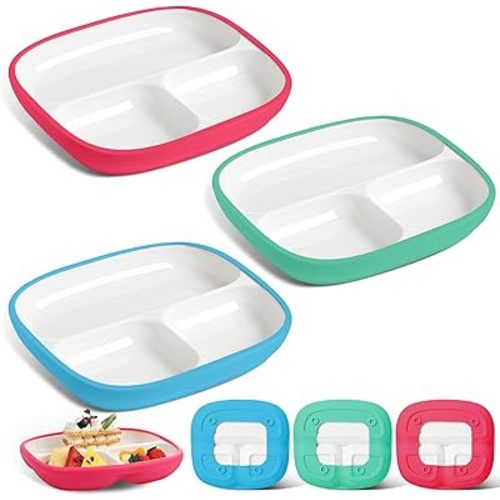 Domensi 3 Sets Kids Porcelain Plates with Silicone Sleeves Toddler Divided Porcelain Plate Baby Ceramic Dishes Snack Container for Kid Toddler Baby Feeding Microwave Dishwasher Safe (Bright Color)
