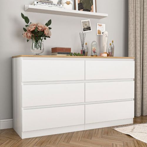 Resenkos Modern Mid Century 6 Drawer Wide Dressers Chests for Bedroom, Chest of Drawer Organizer White&Oak