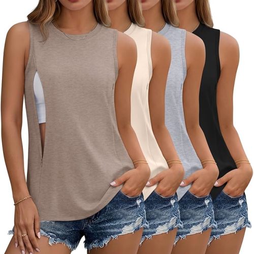 4 Pack Women's Nursing Tank Tops for Breastfeeding Hidden Zippers Sleeveless Nursing Shirts Loose Maternity Tops