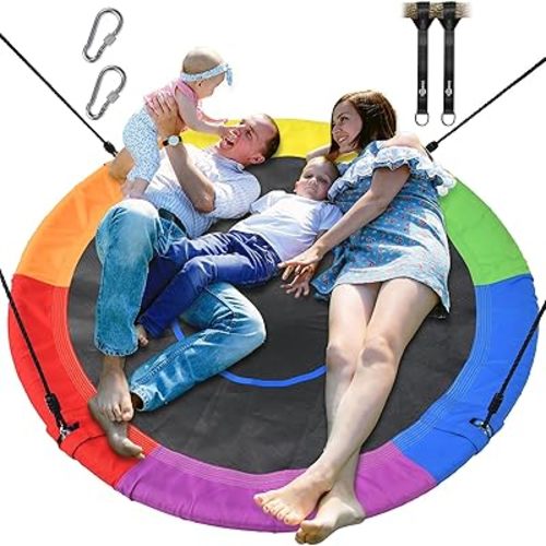 Trekassy 60" Large Saucer Tree Swing for Kids Adults 900D Oxford Waterproof with 2pcs Hanging Straps-Rainbow