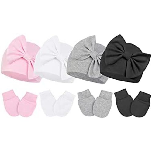 Century Star Newborn Baby Hat and Mittens Set Cotton Bow Hats for Boys and Girls Baby Infant Beanie 0-6 Months