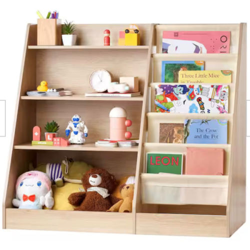 SKYSHALO 4-Tier Kids Wooden Bookshelf, Brown 6-Layer Sling Bookcase, Kid Storage Book Rack, Toy Organizer Cabinet, for Kids ETCWSJ914714WFZI1V0-SK0211