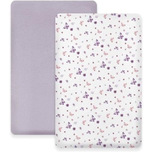 Little Grape Land Muslin Mini Crib Sheets 38"x26", 100% Cotton Pack and Play Sheet Fitted for Boys and Girls 2 Pack, Soft Breathable Playard Mattress Sheets for Graco Pack n Play