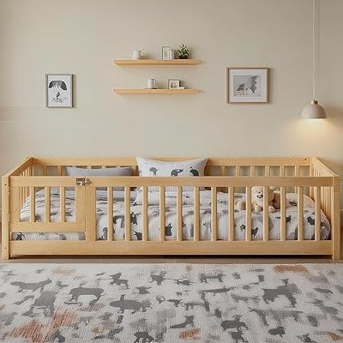 Bellemave Montessori Twin Floor Bed Frame with Fence and Removable Door, Low Profile Twin Size Montessori Bed Frame for Kids, Solid Wooden Floor Beds for Bedroom,Nursery, Natural