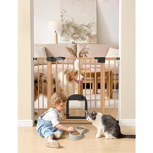Babelio CatPrivilege Ⅲ Baby Gate with Cat Door, 29"-43" Adjustable Brown Wood Pattern Pet Door, 30" Tall Pressure Mounted Safety Gate for Stairs & Doorways, Auto Close,Wall Protectors Included