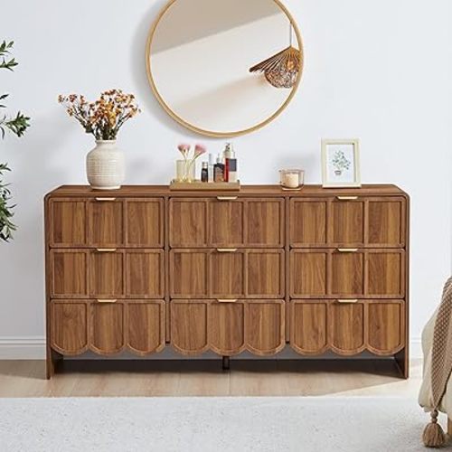 9 Drawer Dresser for Bedroom, Modern Closet Chest of Drawers with Wave Fluted Drawer, Wood Storage Small Dresser Organizer for Nursery Bedroom Living Room Hallway Closet (Walnut)