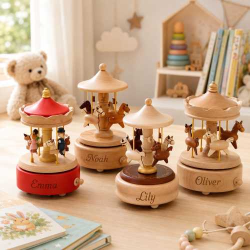 Personalized Wooden Music Box, Custom Engraved Carousel Music Box, Baby Shower Gift, Newborn Keepsake, 1st Birthday Gift, Baby Girl Boy Gift