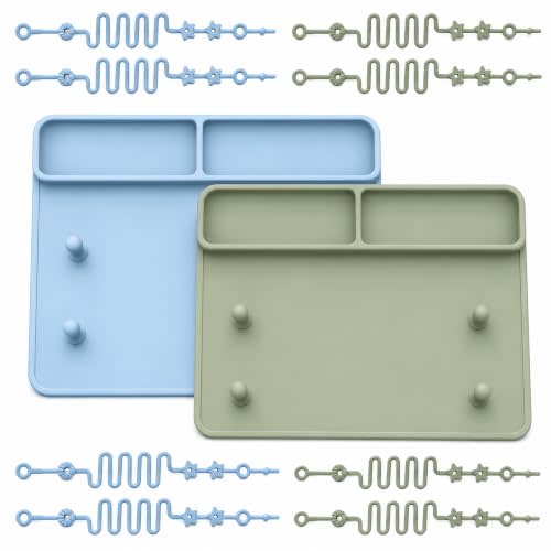 2 Pack Baby Silicone Mat with Suction Base & 8 Stretchable Straps, Lovbaby Baby Placemats, Portable Anti-Drop Activity Mat for High Chair & Table, Keeps Pacifiers & Toys Clean (Sage+Ether)