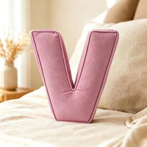 Pink Letter Plush Pillow, Letter Hugging Throw Pillows, Decorative Corduroy Initial Letter Shaped Throw Pillows, Letter Pillows English Alphabet A to Z for Sofa Bedroom Living Room Decor (V)