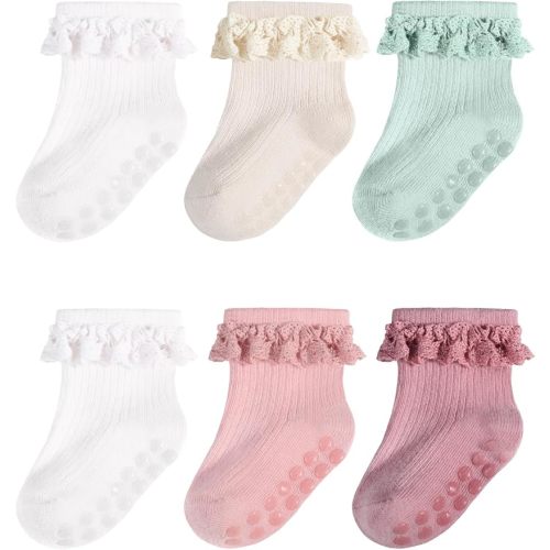 Baby Girl Ruffle Socks Toddler Non Slip Soft Socks with Grip for Girls Infant 6 Pairs, 0-4T