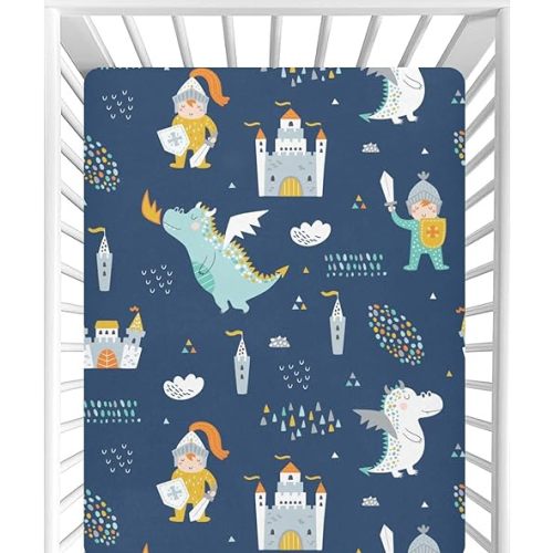 CaTaKu Crib Sheets for Girls & Boys - Cute Dragon Castle Pattern, Neutral Toddler Mini Crib Mattress Sheets Fitted for Nursery Bed, 27"x 39"