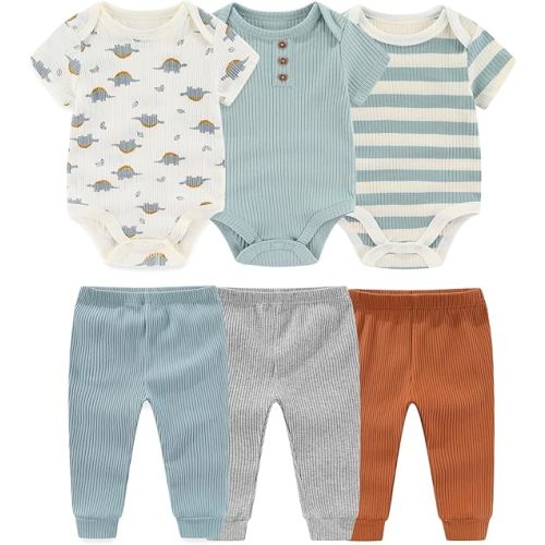 Ruliby Baby Bodysuit and Pant Set 6-pcs Ribbed Soft Infant Boy Girl Clothes Outfits 0-3M